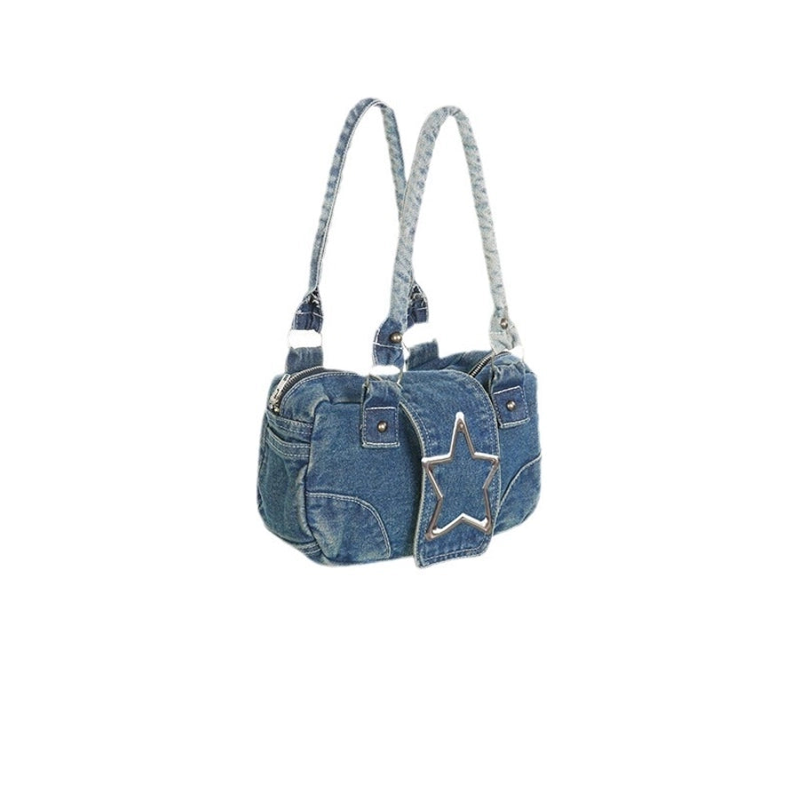 Women's Medium Denim Star Solid Color Streetwear Oval Zipper Shoulder Bag