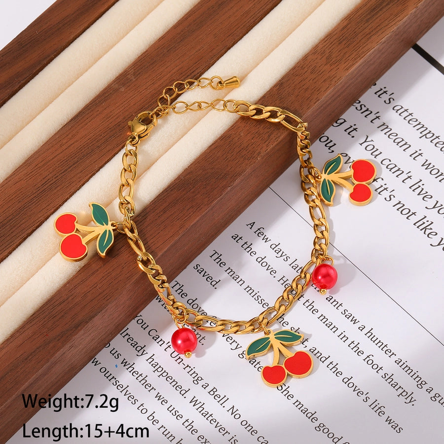 Jewelry Elegant Sweet Cherry 304 Stainless Steel 18K Gold Plated Epoxy Inlay Jewelry Set