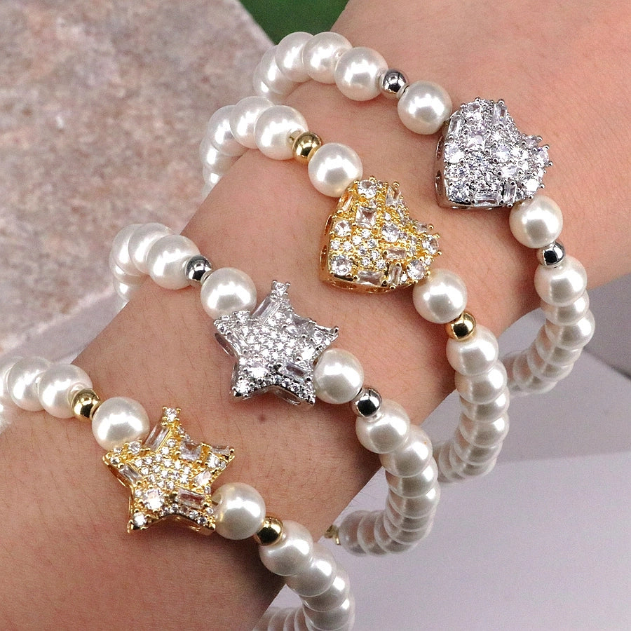 Copper Beaded Pearl Inlay Star Heart Shape Zircon Bracelets