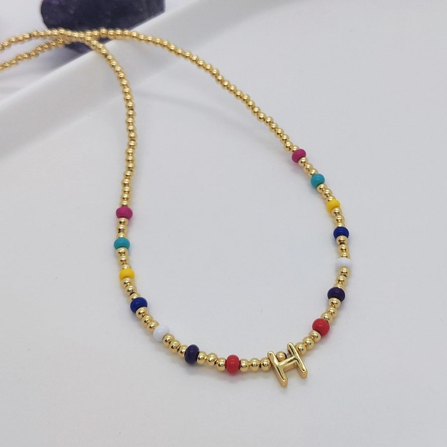 ig style simple style letter glass copper beaded knitting plating 18k gold plated necklace