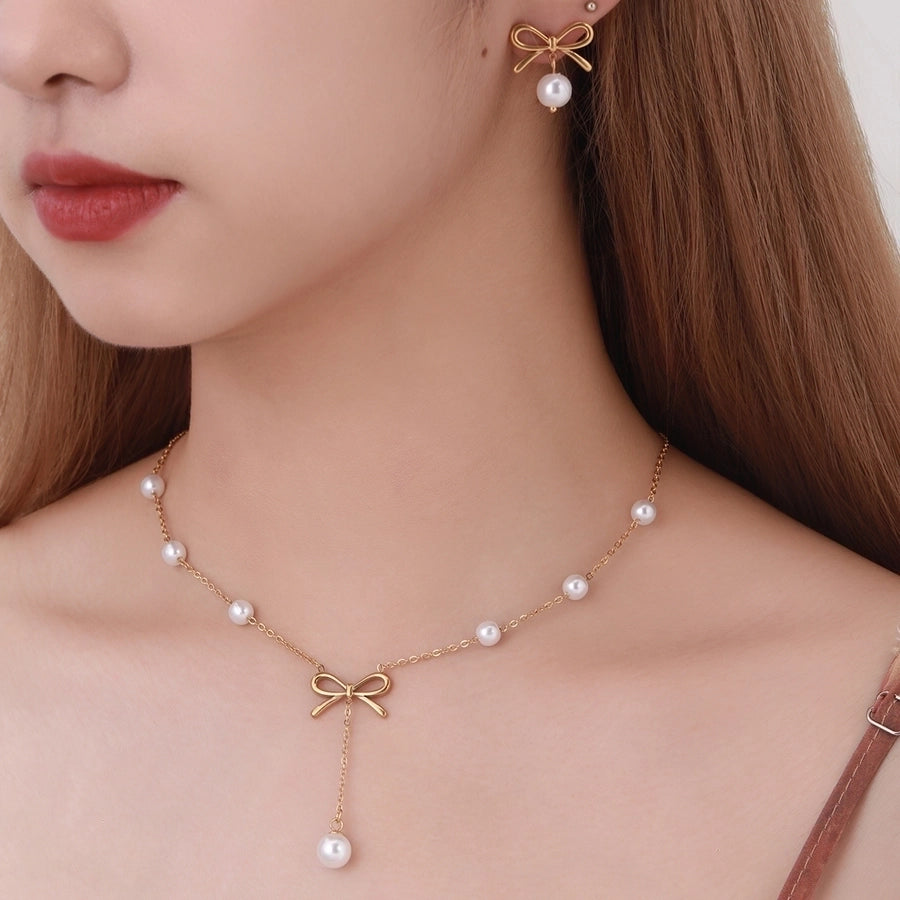 Jewelry Simple Style Classic Style Bow Knot 304 Stainless Steel Artificial Pearls 18K Gold Plated Jewelry Set