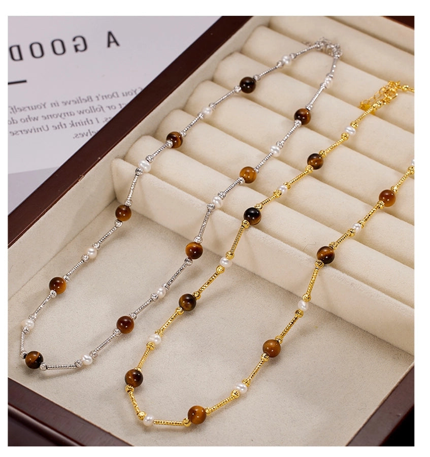 925 Sterling Silver Tiger Eye Long-Lasting Plated  Beaded Pearl Plating Geometric Necklace