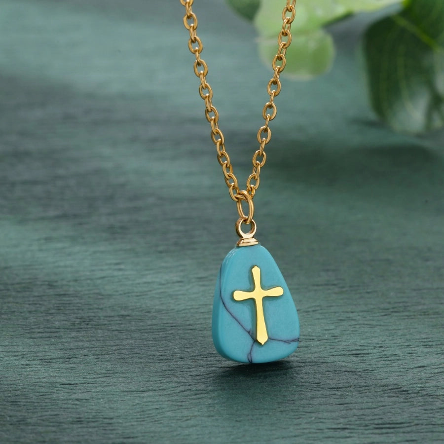 Classical Vintage Style Simple Style Cross 304 Stainless Steel natural stone Pendant Necklace In Bulk