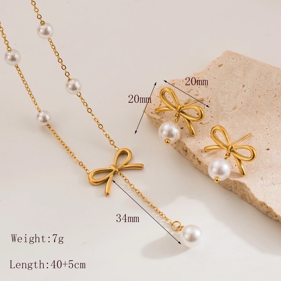 Jewelry Simple Style Classic Style Bow Knot 304 Stainless Steel Artificial Pearls 18K Gold Plated Jewelry Set