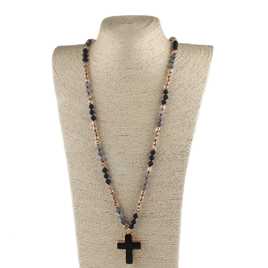 fashion bohemian style necklace natural stone mixed glass cross sweater chain necklace