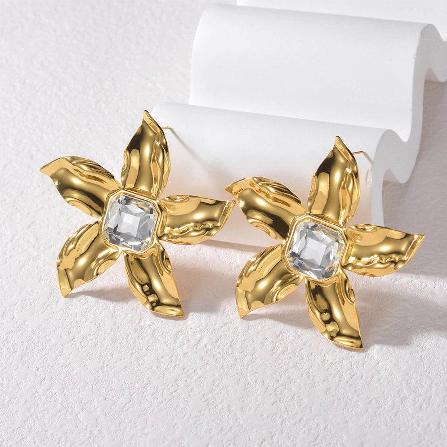 1 Piece Exaggerated Geometric Coral Flower Plating Inlay 304 Stainless Steel Pearl 18K Gold Plated Ear Studs