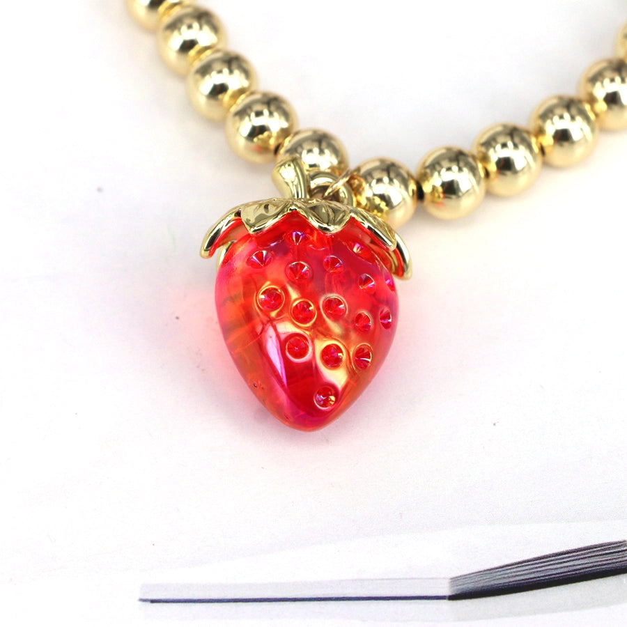 Resin Copper 18K Gold Beaded Chain 18K Gold Plated Cherry Strawberry Pendant Necklace