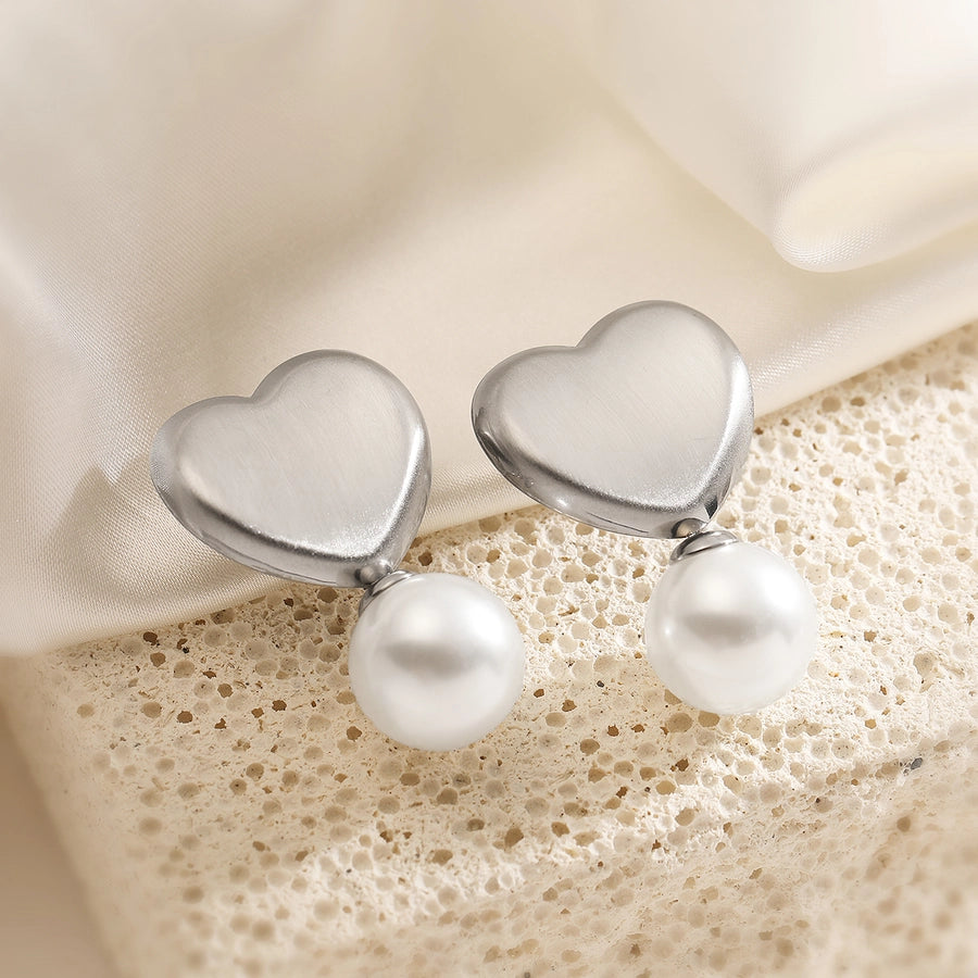 1 Pair Retro Simple Style Heart Shape Inlay 304 Stainless Steel Pearl Drop Earrings