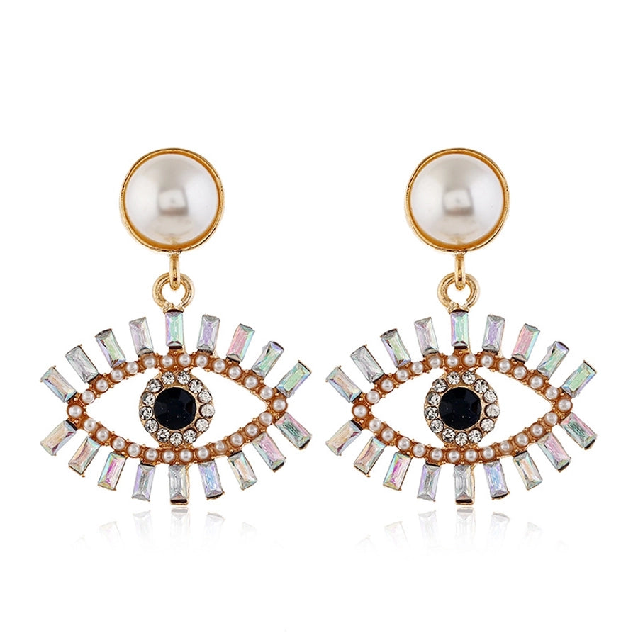 fashion exaggerated devil's eye pearl alloy inlaid colored diamonds earrings