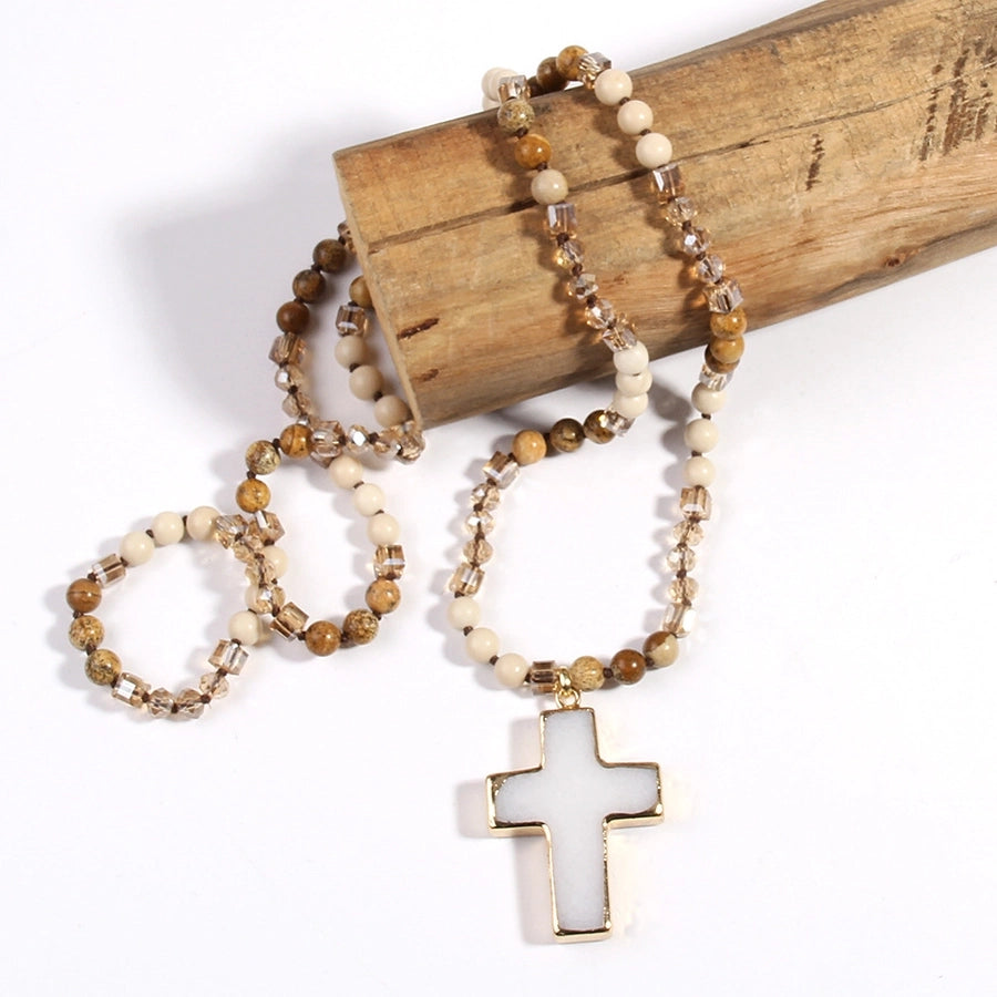 fashion bohemian style necklace natural stone mixed glass cross sweater chain necklace