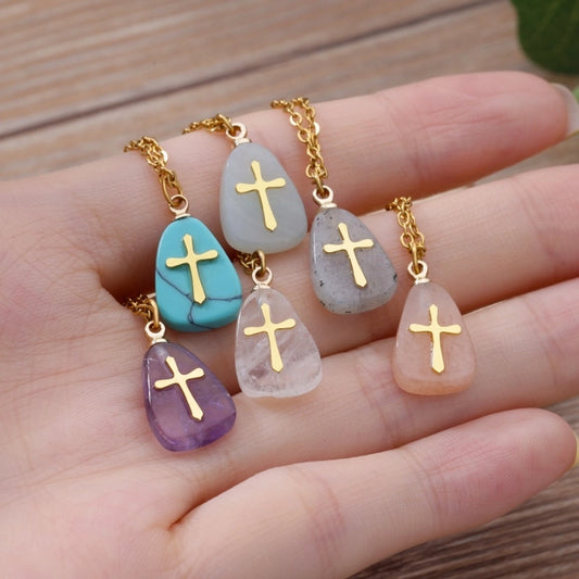 Classical Vintage Style Simple Style Cross 304 Stainless Steel natural stone Pendant Necklace In Bulk