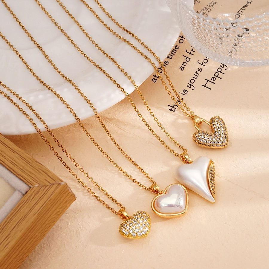 Jewelry IG Style Heart Shape 304 Stainless Steel Copper Rhinestones Pearl Inlay Pendant Necklace