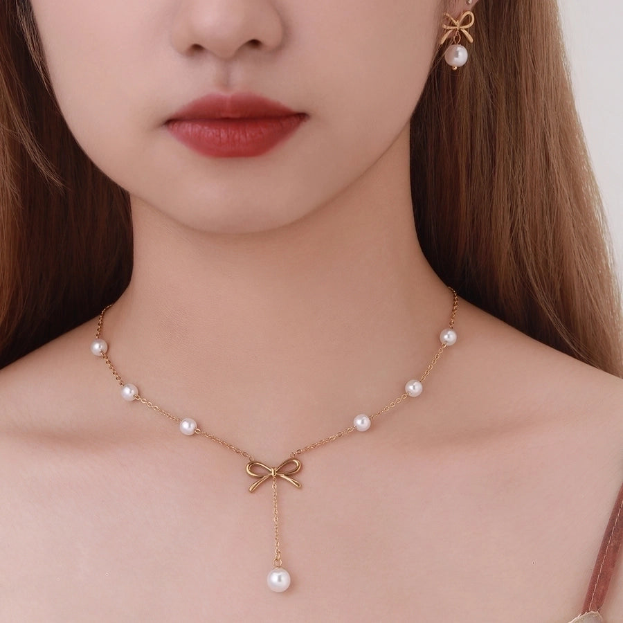 Jewelry Simple Style Classic Style Bow Knot 304 Stainless Steel Artificial Pearls 18K Gold Plated Jewelry Set