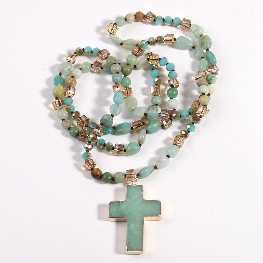 fashion bohemian style necklace natural stone mixed glass cross sweater chain necklace