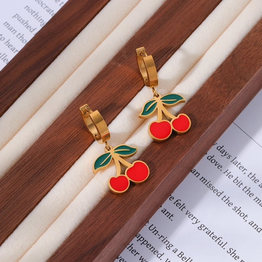 Jewelry Elegant Sweet Cherry 304 Stainless Steel 18K Gold Plated Epoxy Inlay Jewelry Set