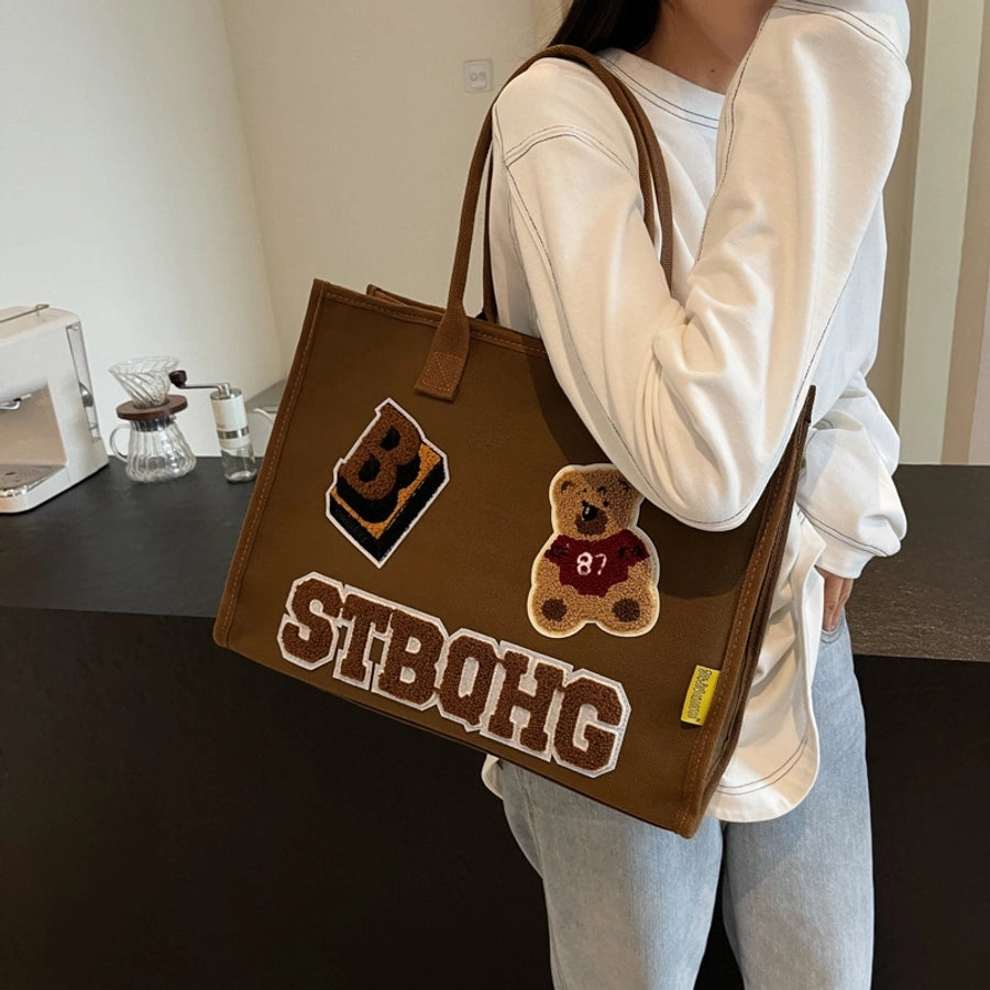 Women's Large Canvas Letter Bear Elegant Classic Style Streetwear Sewing Thread Square Zipper Tote Bag