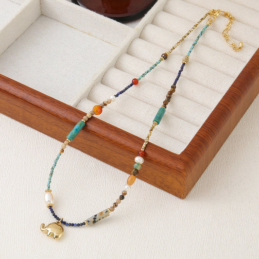 Casual Cute Commute Elephant natural stone Freshwater Pearl Copper Beaded Chain Beaded Necklaces