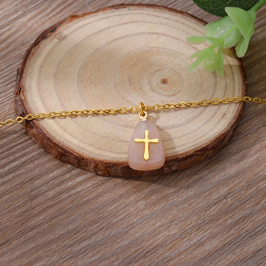 Classical Vintage Style Simple Style Cross 304 Stainless Steel natural stone Pendant Necklace In Bulk