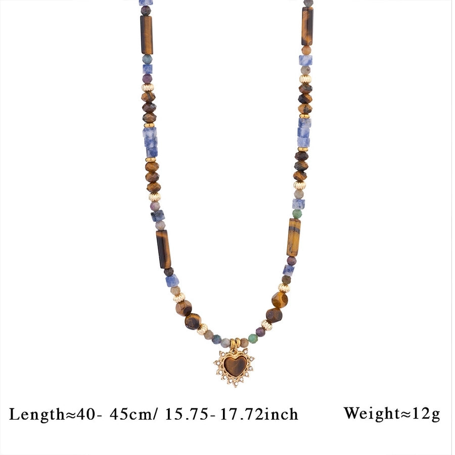 Retro Geometric Heart Shape Zircon 316L Stainless Steel  natural stone Beaded Chain Beaded Necklaces