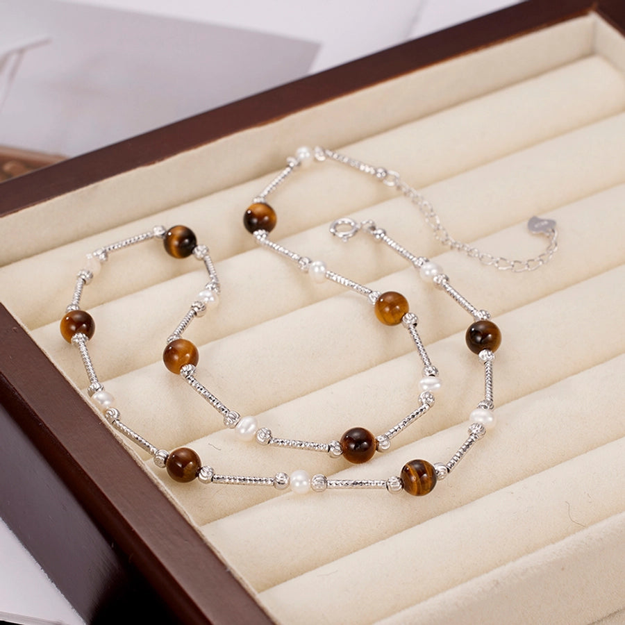 925 Sterling Silver Tiger Eye Long-Lasting Plated  Beaded Pearl Plating Geometric Necklace