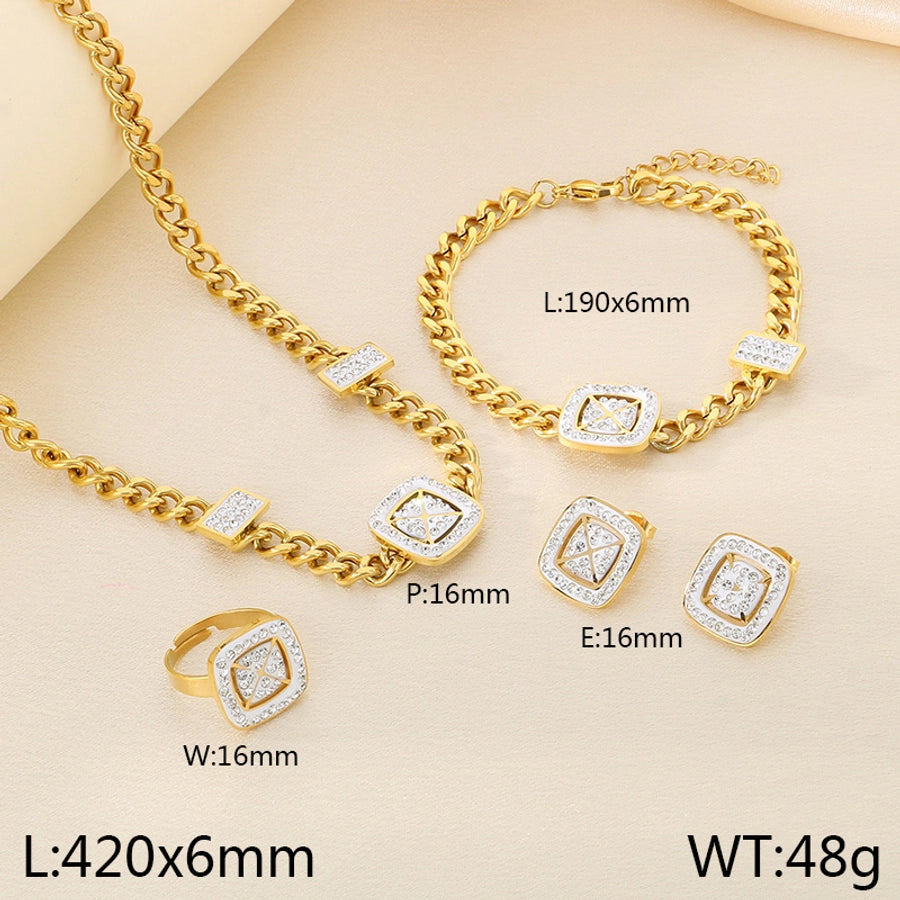 Fashion & Trend Stainless Steel 8-Word Diamond Cuban Link Chain Necklace Four-Piece Set