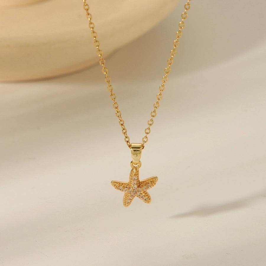 304 Stainless Steel Copper 18K Gold Plated Beach Simple Style Inlay Starfish Shell Fish Tail Artificial Pearls Zircon Pendant Necklace