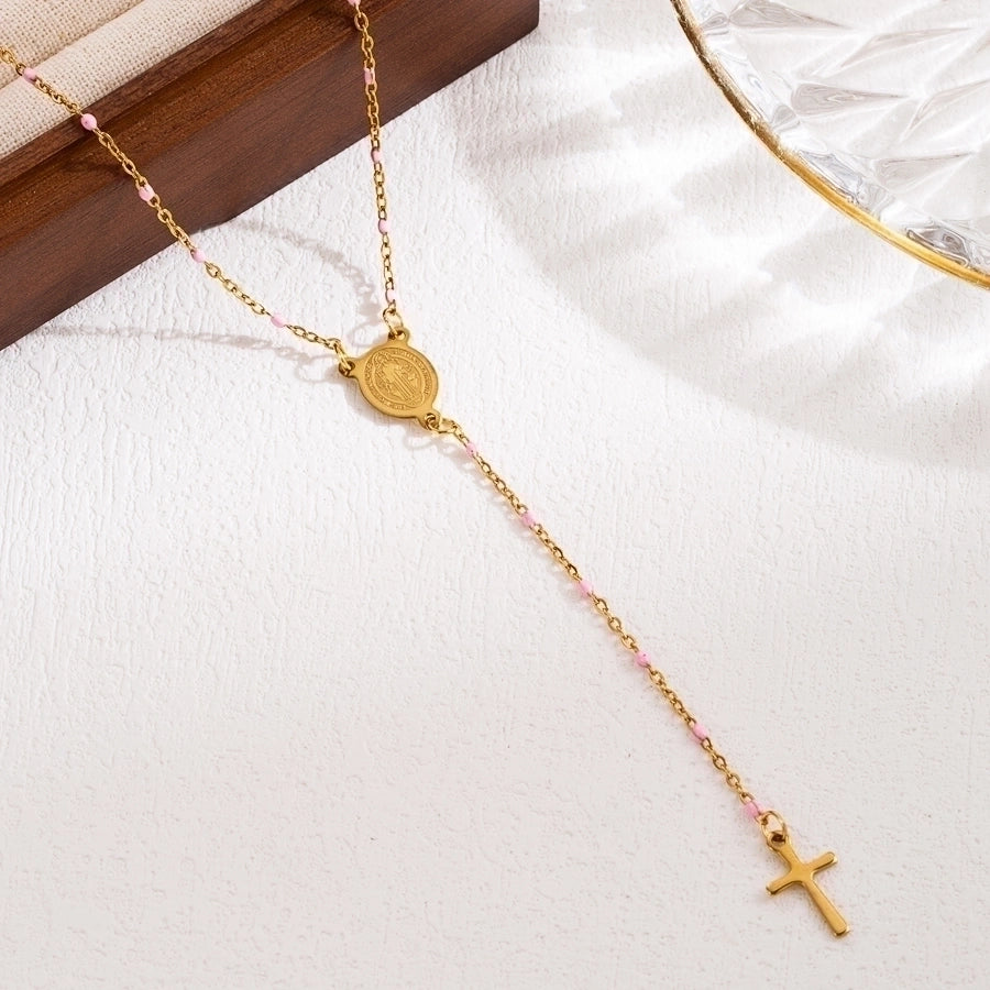 Jewelry Elegant Classical Cross Virgin Mary Priest Stainless Steel Beaded 18K Gold Plated Plating Necklace