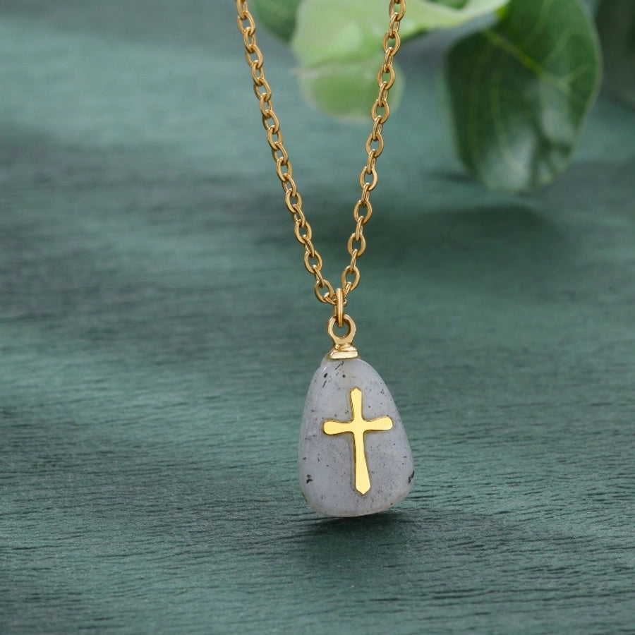 Classical Vintage Style Simple Style Cross 304 Stainless Steel natural stone Pendant Necklace In Bulk