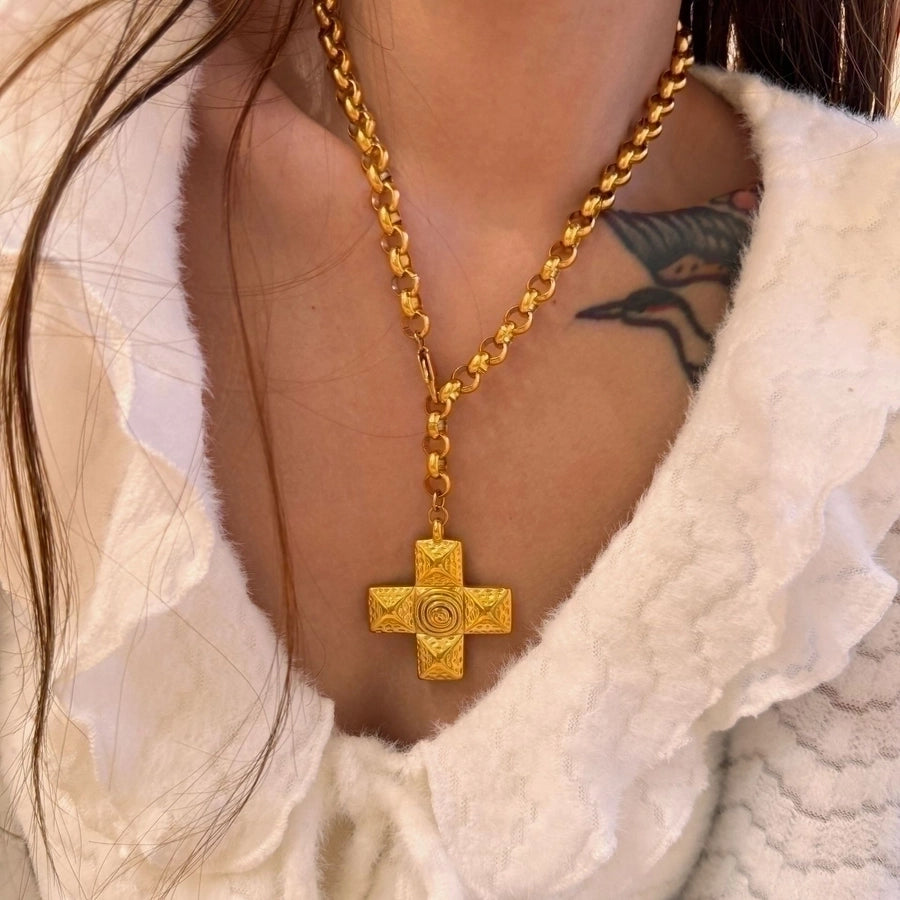 Jewelry Retro Cross Titanium Steel 18K Gold Plated Plating Pendant Necklace