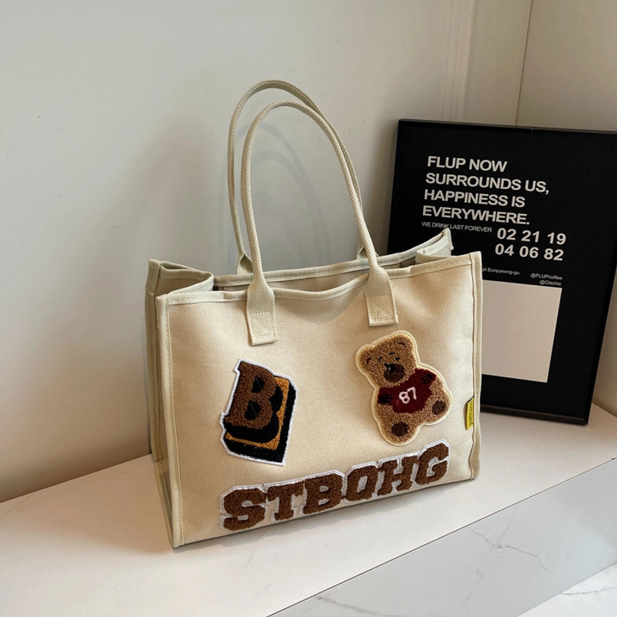 Women's Large Canvas Letter Bear Elegant Classic Style Streetwear Sewing Thread Square Zipper Tote Bag