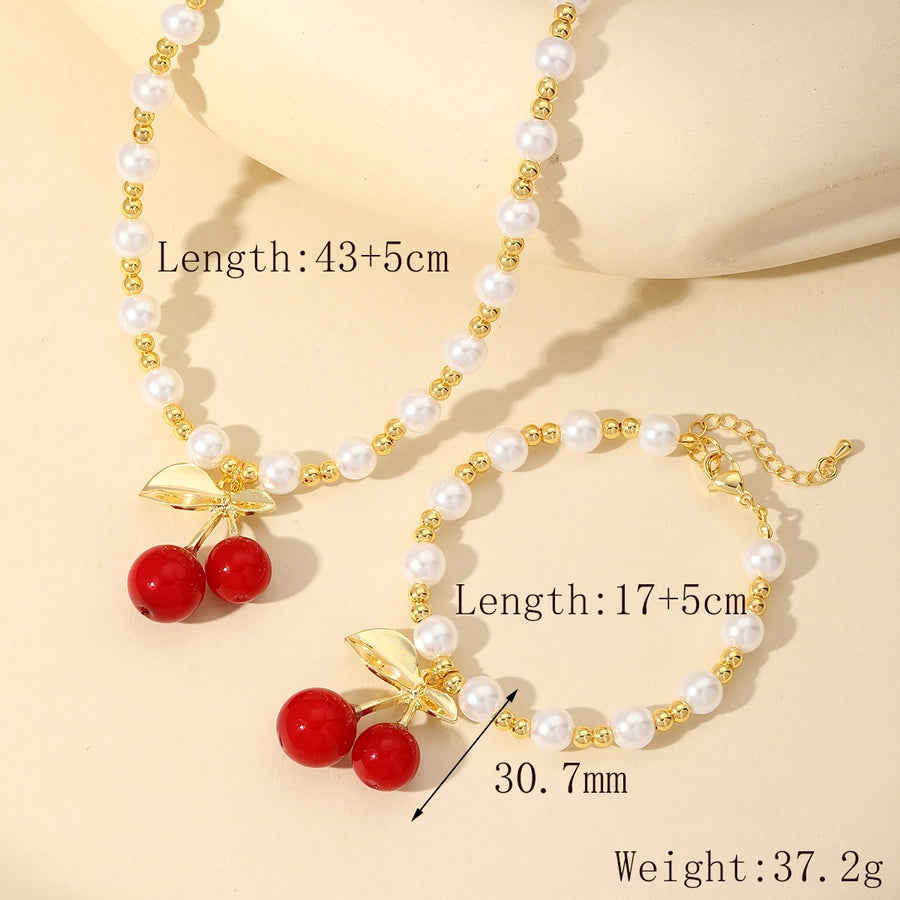 Jewelry Elegant Cherry Copper 18K Gold Plated Beaded Pearl Jewelry Set