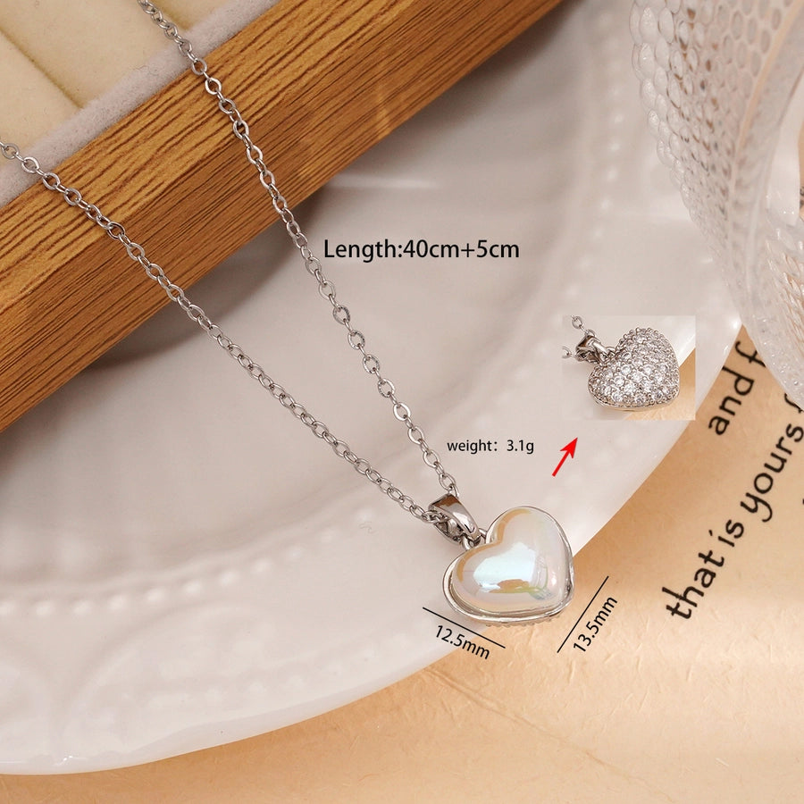 Jewelry IG Style Heart Shape 304 Stainless Steel Copper Rhinestones Pearl Inlay Pendant Necklace