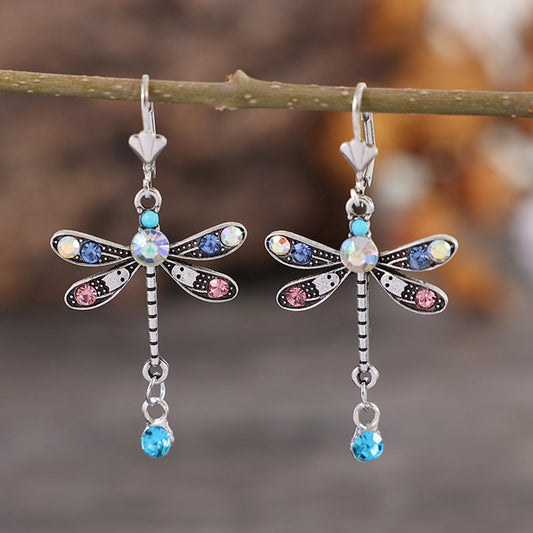 vintage style colorful dragonfly alloy inlay artificial gemstones women's drop earrings