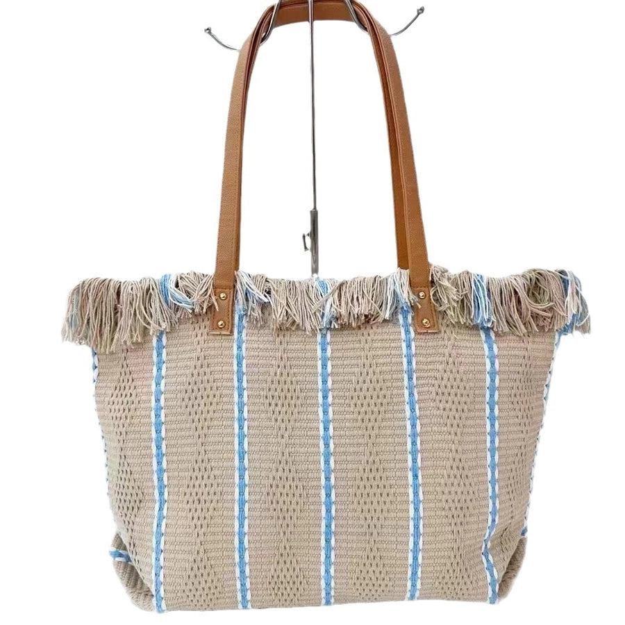 Women's Cotton Stripe Classic Style Tassel Square Magnetic Buckle Tote Bag