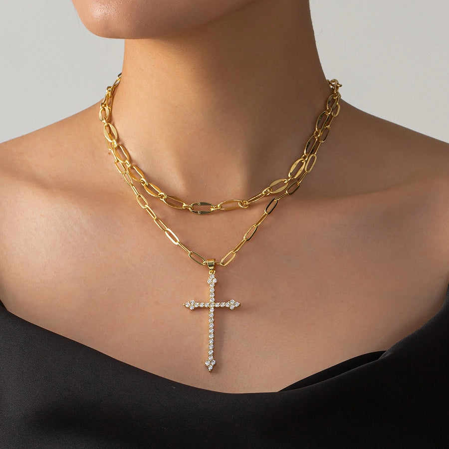 Jewelry Elegant Cross 201 Stainless Steel Copper Zircon Inlay Double Layer Necklaces