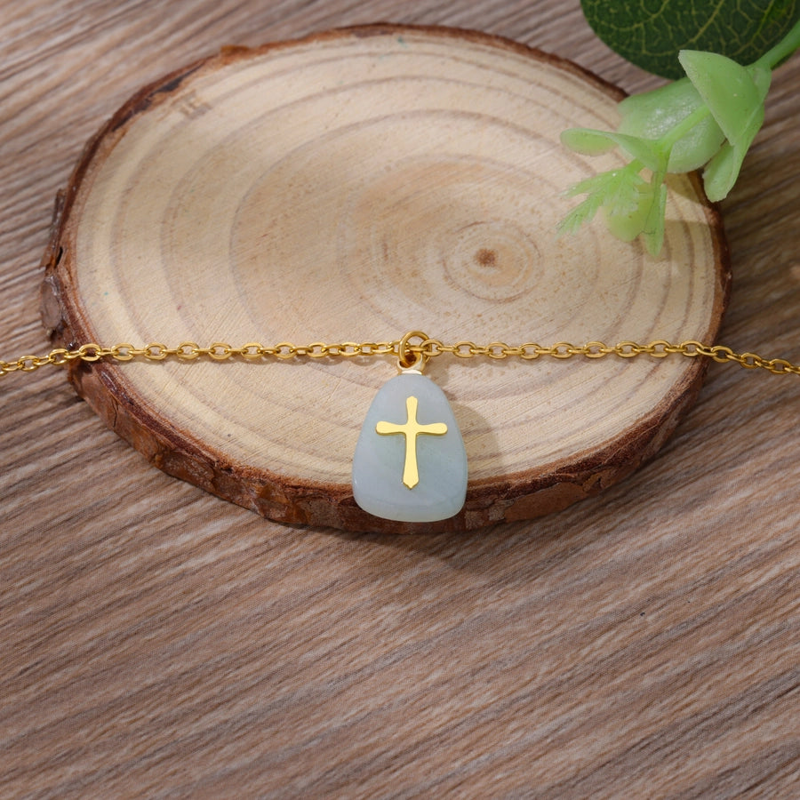 Classical Vintage Style Simple Style Cross 304 Stainless Steel natural stone Pendant Necklace In Bulk