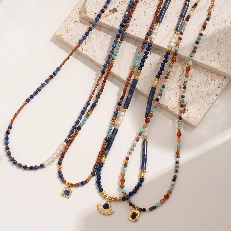 Retro Geometric Natural Stone 316L Stainless Steel  natural stone Beaded Chain Beaded Necklaces