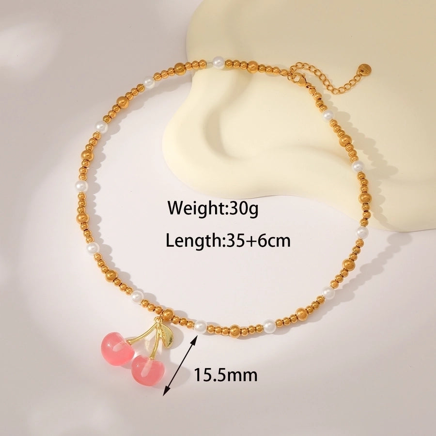 Sweet Simple Style Cherry Solid Color 18K Gold Plated Imitation Pearl 304 Stainless Steel Beaded Chain Beaded Necklaces