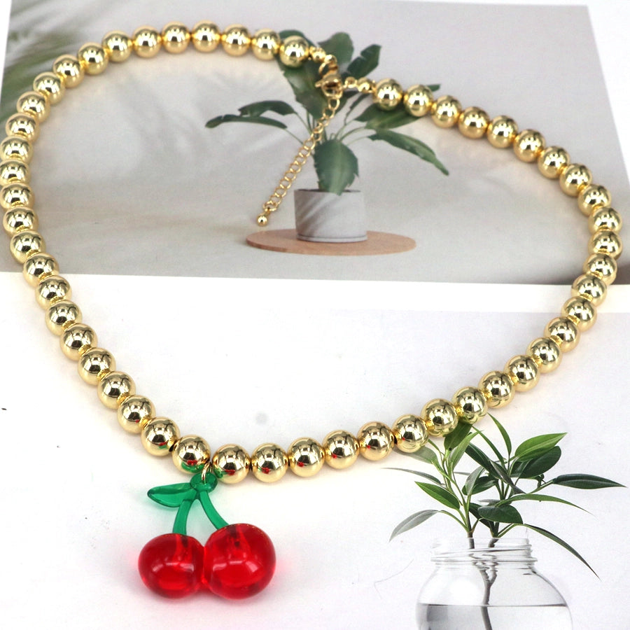 Resin Copper 18K Gold Beaded Chain 18K Gold Plated Cherry Strawberry Pendant Necklace