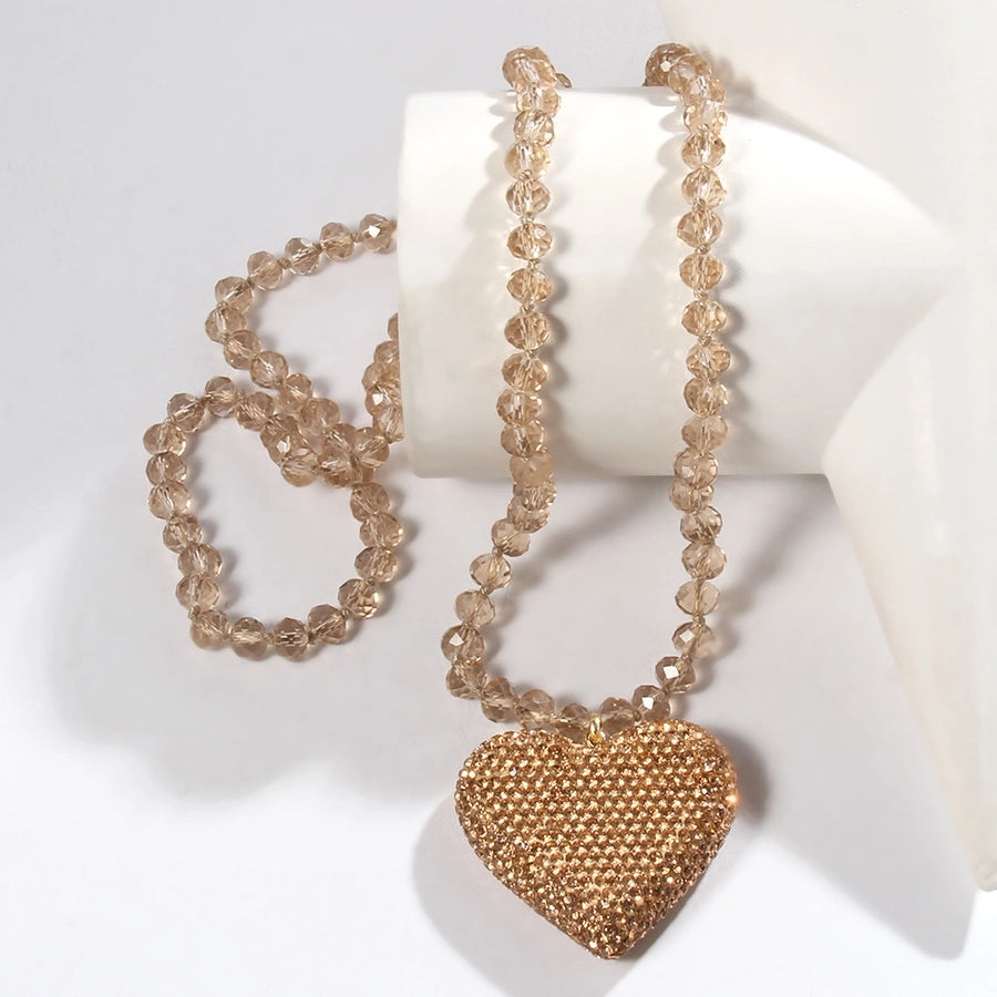 Shiny Heart Shape Glass Rhinestones  Pendant Necklace Sweater Chain In Bulk Natural stone necklace