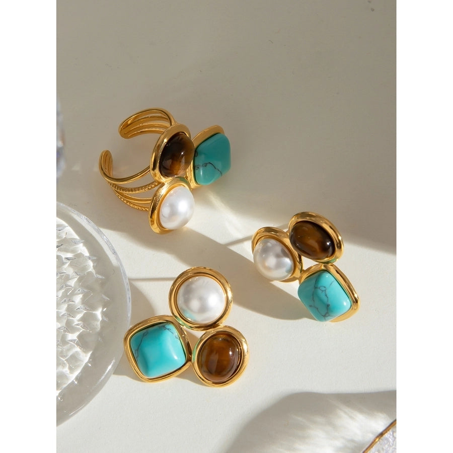 Jewelry Retro Round Square Oval 304 Stainless Steel Imitation Pearl Turquoise Tiger Eye Plating Inlay Rings Earrings