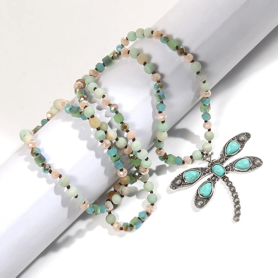 Retro Dragonfly Alloy natural stone Turquoise Beaded Chain Pendant Necklace Sweater Chain In Bulk Natural stone necklace