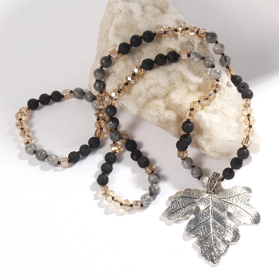 Retro Leaf Alloy natural stone Glass  Pendant Necklace Sweater Chain In Bulk Natural stone necklace