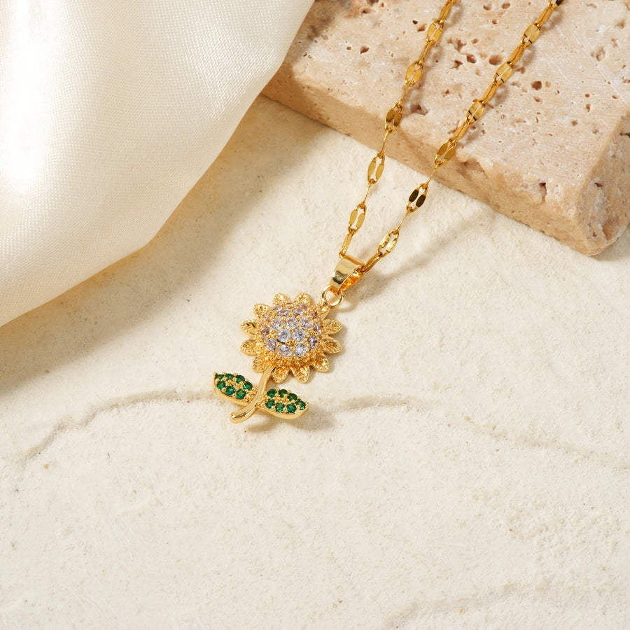 304 Stainless Steel Copper K Gold Plated Rhodium Plated Three-dimensional Inlay Sunflower Zircon Pendant Necklace