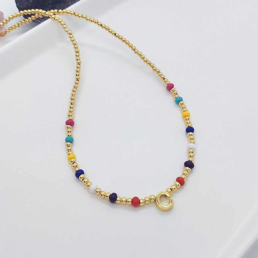 ig style simple style letter glass copper beaded knitting plating 18k gold plated necklace