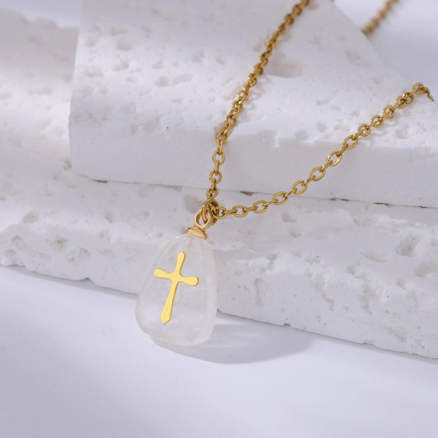 Classical Vintage Style Simple Style Cross 304 Stainless Steel natural stone Pendant Necklace In Bulk