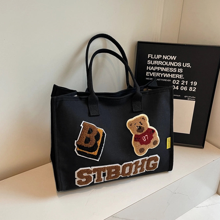 Women's Large Canvas Letter Bear Elegant Classic Style Streetwear Sewing Thread Square Zipper Tote Bag