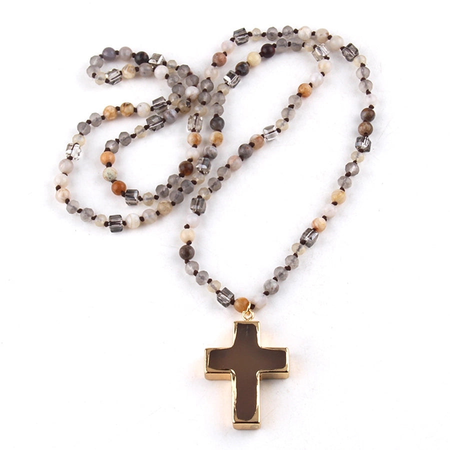 fashion bohemian style necklace natural stone mixed glass cross sweater chain necklace