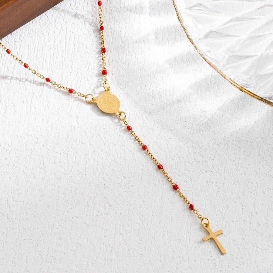 Jewelry Elegant Classical Cross Virgin Mary Priest Stainless Steel Beaded 18K Gold Plated Plating Necklace