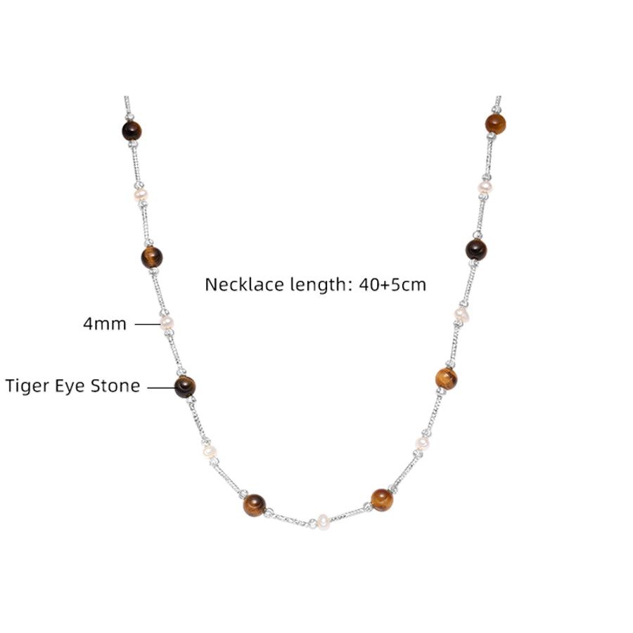 925 Sterling Silver Tiger Eye Long-Lasting Plated  Beaded Pearl Plating Geometric Necklace